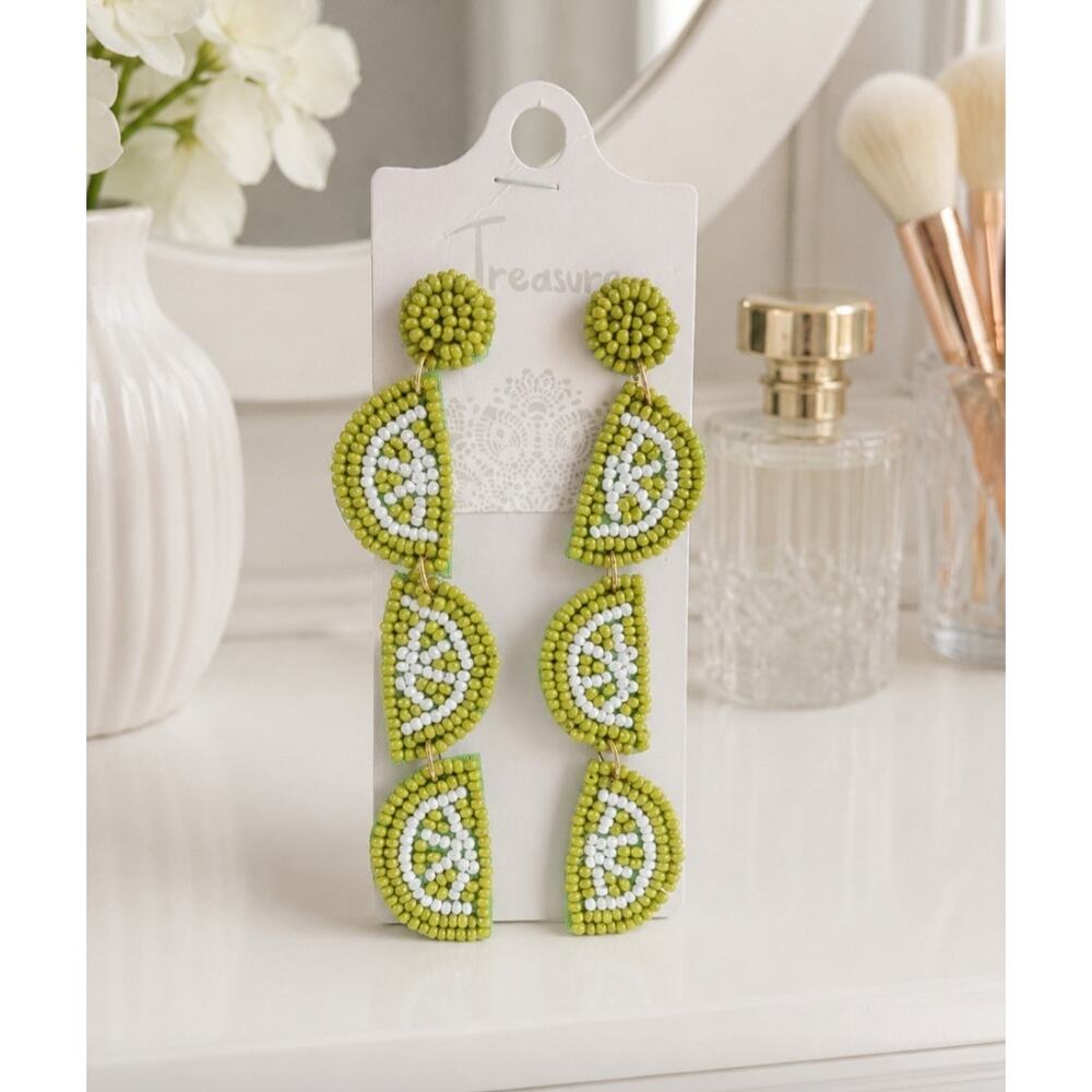 Treasure Green Lime Beaded Earrings New